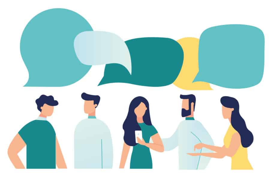 实验室- Five people talking, conversation bubbles